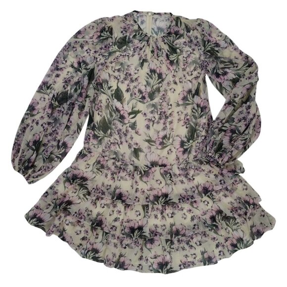 Iena For Mac Duggal Floral Long Sleeve Tiered Dress Size 4 Sheer Ruffle Elegant. - Picture 5 of 8